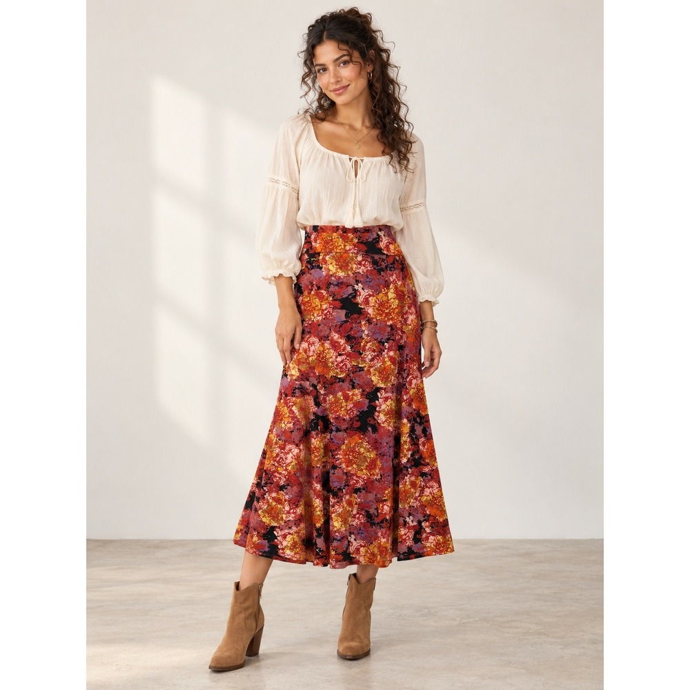 Boho Whimsigoth Cottage Red Orange Floral Fold Over Waistband M Midi Skirt
